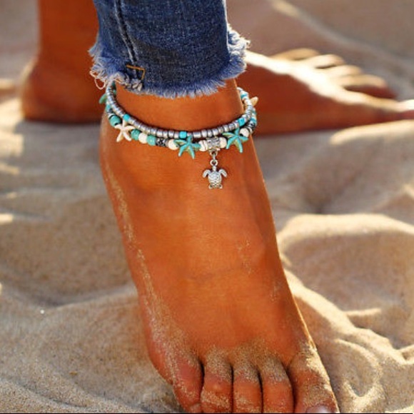 🏖 SILVER SEA TURTLE STARFISH BEAD ANKLET BRACELET - Picture 2 of 6